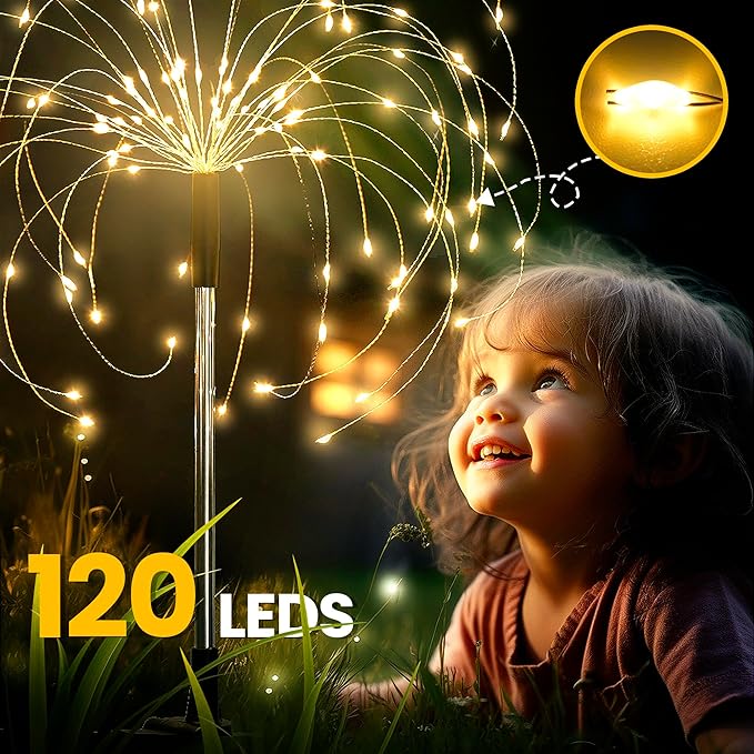 GIGALUMI Garden Decor Outdoor Lights 120LED 8Pack, Solar Garden Lights for Christmas Outside Fairy Firework Decorative,Solar Powered for Yard Pathway Flowerbed Planter Balcony Patio Decor (Warm White