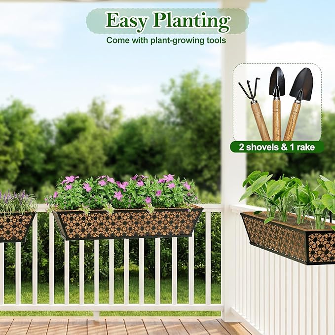 SPECILITE 30" Window Boxes Planters, Heavy Duty Metal Railing Planter Boxes, Adjustable Balcony Planters for Railing Hanging, with Coco Liner & Tool Set for Deck, Porch, and Patio Gardening (6 Pack)