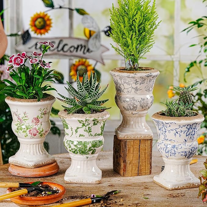 Sungmor Small Ceramic Urn Planter - Grey Scroll Floral Pedestal Flower Pot, Decorative Vintage Chinoiserie Style Planters, Tuscan Accent Vase Indoor Outdoor Plant Holder with Drainage