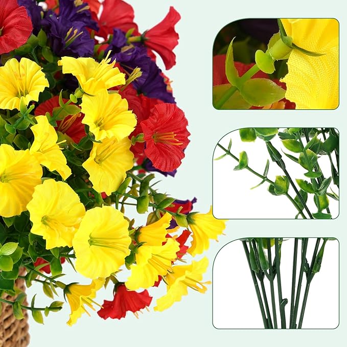 Artificial Flowers for Outdoors, UV Resistant Fake Silk Morning Glory, Realistic Faux Plants for Outside Porch Patio Window Box Hanging Planter (16, Orange Yellow)