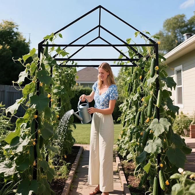 Metal Garden Arch Trellis for Climbing Plants Outdoor, 7.1FT Extra Tall Cucumber Trellis for Raised Bed, Plant Trellis for Vegetable Fruit Flower Vine（Black）