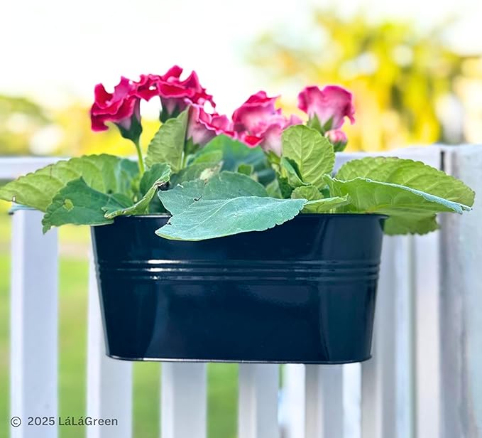 LaLaGreen Rail Planter Outdoor Plants(3 Pack, 11.8 Inch) Black Metal Iron Hanging Flower Pots Deck Railings Fence Buckets Modern Countryside Boho Style Wall Mount Window Box Plant Holder Porch Decor