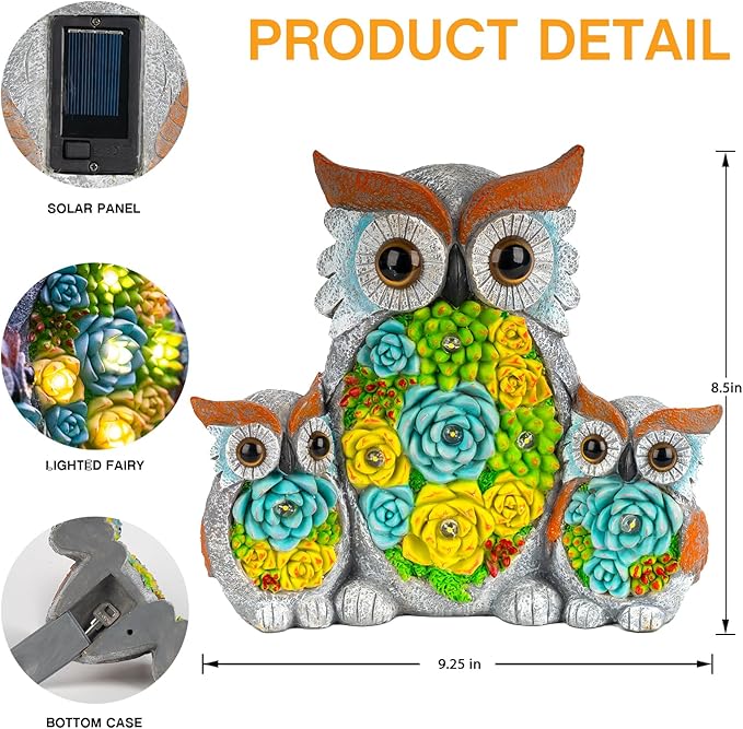 Solar Garden Statue Owl Decor – Cute Owl Family Figurines with LED Succulent Lights, Waterproof Outdoor Yard Art Ornaments for Patio, Lawn, Porch, Housewarming Gifts for Women Mom