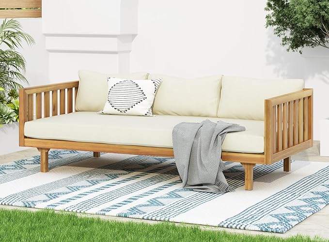 Merax Outdoor 3 Seater Daybed, Acacia Wood Day Bed Couch Sofa with Cushions for Patio Backyard, Garden, Beige