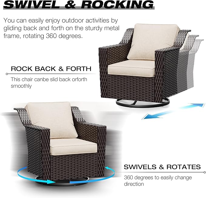 Joyside Wicker Patio Furniture Sets, 9 Pieces Upgraded Large Size Outdoor Furniture with 4 Swivel Rocking Patio Chairs, 3-Seat Sofa, Outdoor Ottoman, Thick Cushions, Wide Armrest, Beige