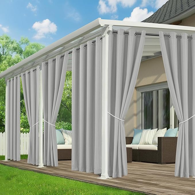 Patio Curtains Outdoor Waterproof - 6 Panels Privacy Weatherproof Outside Curtains with Grommets for Pergola, Gazebo, Porch, Cabana, Balcony, 54 x 95 Inch, Silver