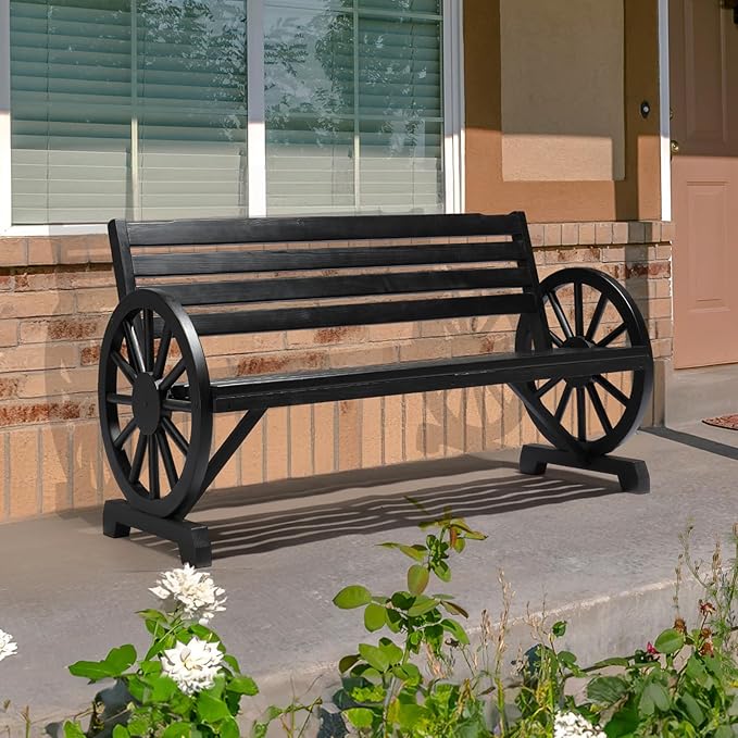 VINGLI Rustic Wooden Wheel Bench Outdoor Bench, Patio Bench Wagon Slatted Seat, Garden Benches for Outdoors 350lbs High Capacity, Weather Resistance (Black, 55in)