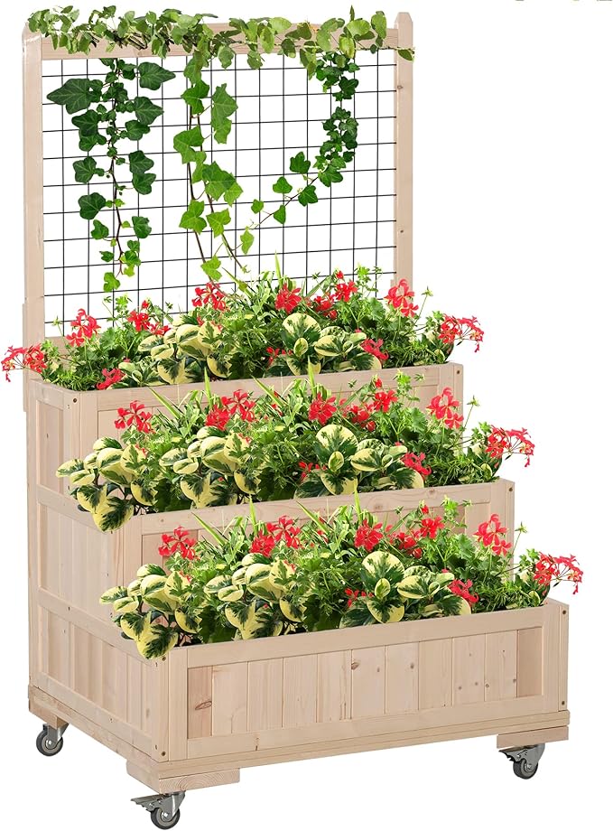 Outsunny 3-Tiers Raised Garden Bed with Trellis, 53" H Vertical Planter Box with Wheels & Back Storage Area, for Flowers, Vegetables, Herbs, Natural