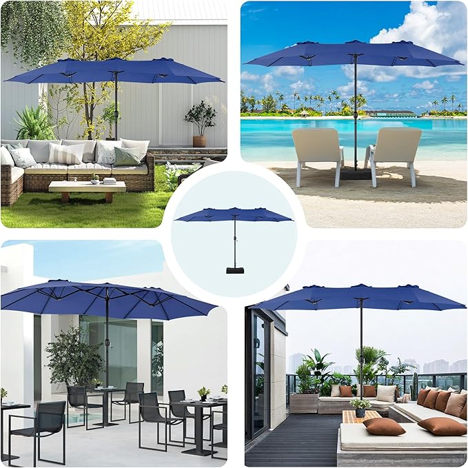 DUMOS 15FT Large Patio Umbrella with Base Included, Rectangle Table Umbrella Outdoor Patio, Outside Umbrellas for Deck, Market, Backyard, Blue