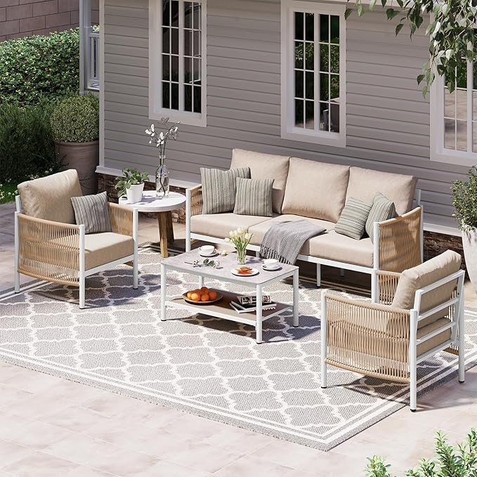 Aluminum Outdoor Patio Furniture Set with Dual-Layer Coffee Table, 4 Piece Modern Patio Conversation Sets with PE Rope, Outdoor Sectional Sofa with Thick Cushions for Balcony, Porch, Ivory