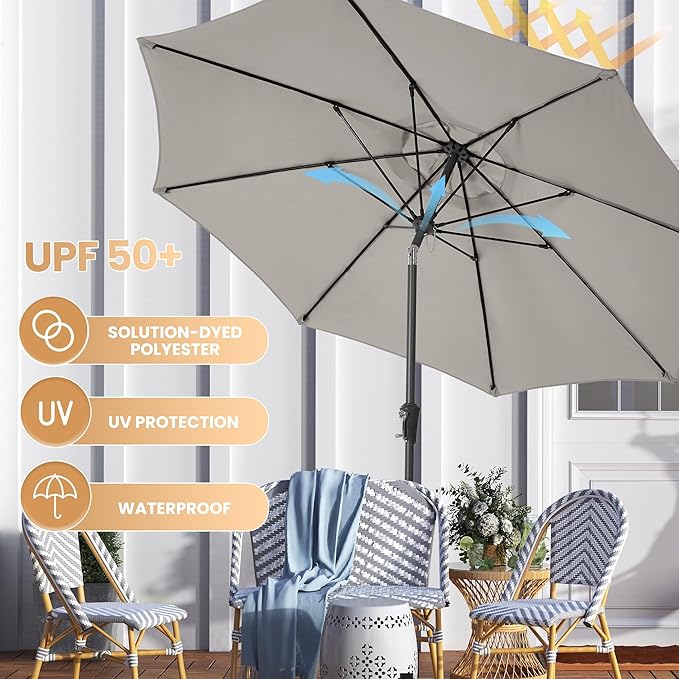 Ayge 9FT Large Outdoor Patio Umbrella Market Table Umbrella-UV Resistant, Easy Push Button Tilt and Crank, 8 Sturdy Fiberglass Ribs Heavy-Duty Pool Umbrella for Deck, Backyard,Garden,Light Grey