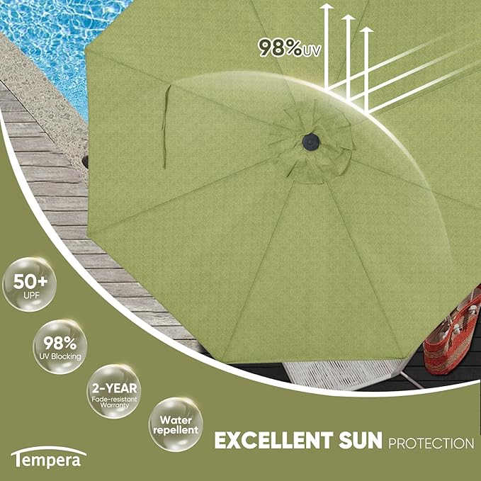 Tempera Patio Market Outdoor Table Umbrella with Auto Tilt and Crank, Large Sun Umbrella with Sturdy Pole & Fade Resistant Canopy, Easy to Set