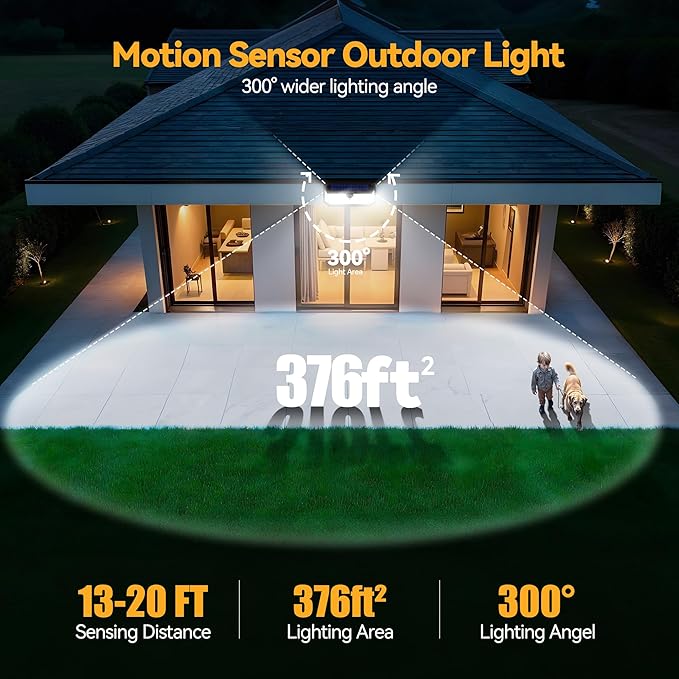 TECKNET 416 LED Solar Lights Outdoor Waterproof, 300° Angle & 3 Lighting Modes Motion Sensor Outdoor Lights, 2 Pack Solar Powered Flood Wall Lights IP66 for Home Patio Fence Yard Deck Garage Street