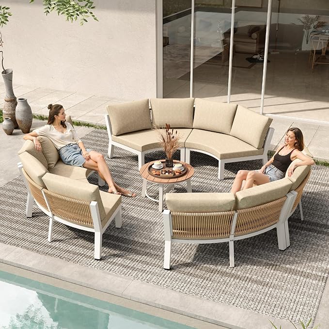 Outdoor Patio Furniture Set,4 Piece Aluminum Half-Moon Patio Conversation Sets, PE Rope Curved Sofa, All-Weather Outdoor Sectional Sofas with Modular Coffee Table & Cushions, White