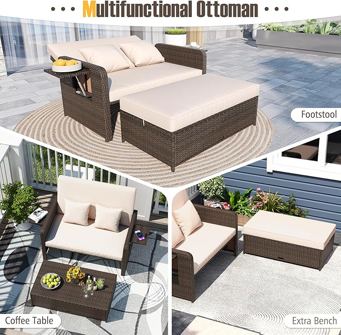 LDAILY Moccha Outdoor Daybed, Wicker Loveseat Sofa Set with 4-Postion Adjustable Backrest, Storage Ottoman, Cushions, Rattan Double Bed Lounger, Patio Furniture Set (Beige)