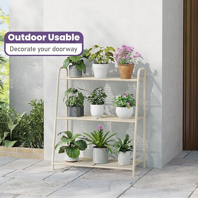 3-Tier Corner Plant Stand, Metal Black Flower Pot Rack, Indoor Outdoor Heavy Duty Shelf (Cream, 3 Tier)