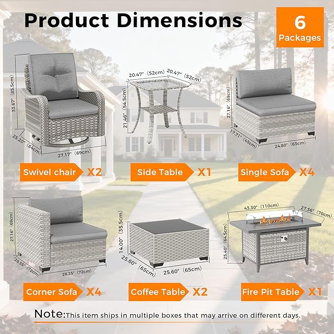 10-Seat Outdoor Wicker Patio Furniture Set with Fire Pit Table, Modular Rattan Sectional Sofa & 2 Swivel Rocking Chairs, 4" Thick Cushions, Rust-Resistant Frame,Gray