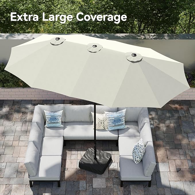 PHI VILLA 15ft Large Patio Umbrellas with Base Included, Outdoor Double-Sided Rectangle Market Umbrella with Stand, Outside Umbrellas for Poolside Lawn Backyard, Ivory
