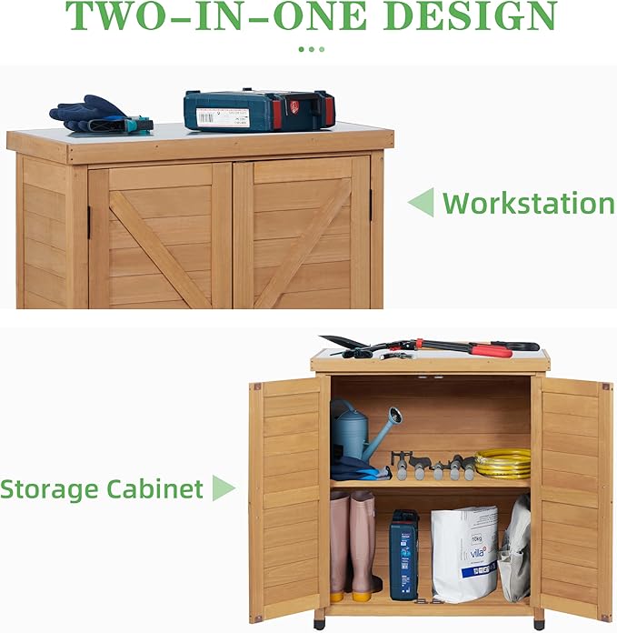 Outdoor Potting Bench with Storage Cabinet and Metal Top, Wood Workstation for Outdoor Patio, Garden (Light Brown, 31x17x36‘’)