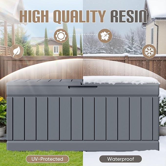 JUMMICO 78 Gallon Outdoor Deck Box Large Resin Storage Box for Patio Furniture Cushions, and Garden Tools (Gray)