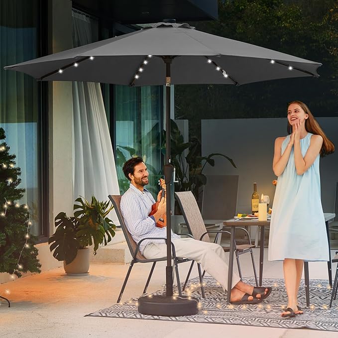 JEAREY 9FT Outdoor Patio Umbrella with Solar Lights, LED Lighted Pool Umbrella with Tilt and Crank, Outdoor Table Umbrellas for Deck, Yard & Market (Dark Gray)