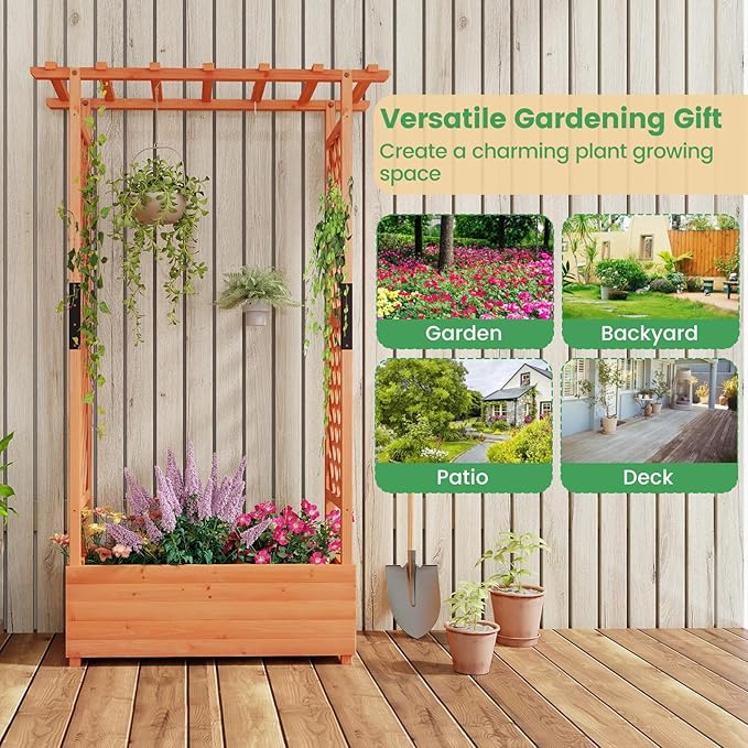 Giantex Raised Garden Bed with Trellis & Hanging Roof, Wood Planter Box with Bottom and Drainage Holes, Freestanding Garden Planter for Flower Vegetable Fruit Herb Climbing Vines, 43.5"x17.5"x72"