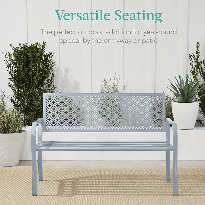 Best Choice Products Outdoor Bench 2-Person Metal Steel Benches Furniture for Garden, Patio, Porch, Entryway w/Geometric Backrest, 790lb Capacity - Light Gray