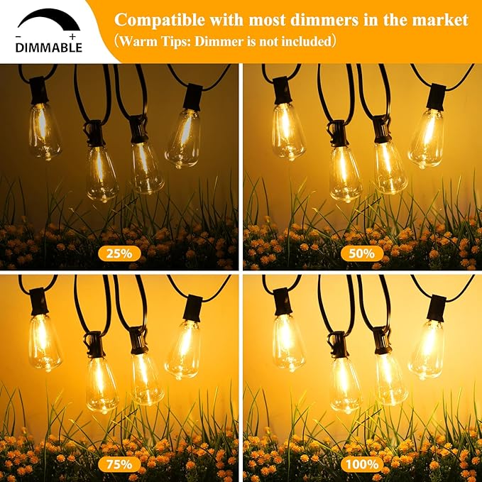 Brightever LED Outdoor String Lights 50FT Patio Lights with 27 Shatterproof ST38 Vintage Edison Bulbs, Outside Hanging Light Waterproof for Porch, Deck, Garden, Backyard, Balcony, 2200K Dimmable