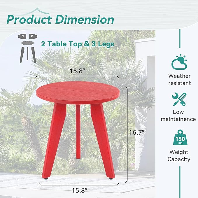 HDPS Outdoor Side Table, Small Round Side Table Weather-Resistant, Outdoor Side Tables for Patio, Porch, Deck, End Table for Plant Stand, Living Room, Bedroom, Red