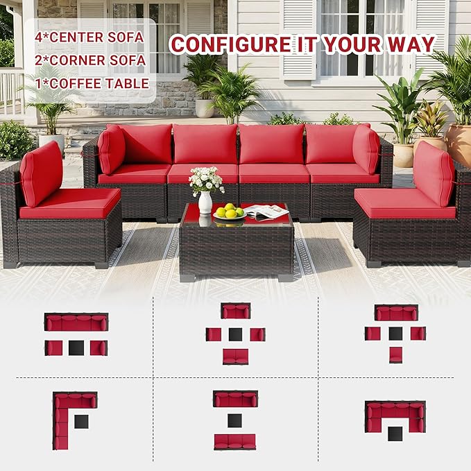 LEVELEVE 7 Pieces Outdoor Patio Furniture Sets,Rattan Conversation Sectional Set,Manual Weaving Wicker Patio Sofa with Tea Table