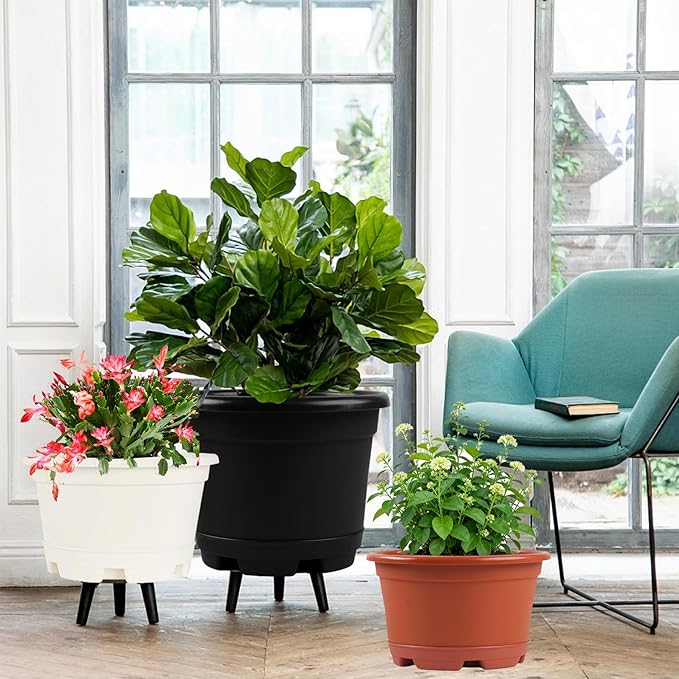 5 Pack 8.5 inch Plant Pot,Outdoor Flower Pots,Plastic pots for Plants Indoor with Drainage Holes and Trays, Decorative Garden Containers Sets for Houseplants