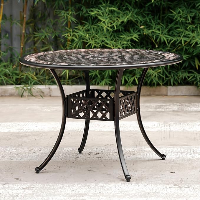 41" Round Patio Dining Table with Umbrella Hole, Outdoor Cast Aluminum Bistro Conversation Outdoor Table for Backyard Porch Pool Balcony Deck