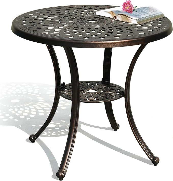 DWVO 30 Inches Round Patio Dining Table with Umbrella Hole, Antique Cast Aluminum Outdoor Bistro Table Outdoor Side Table for Backyard, Garden, Patio, Porch, Hammered Bronze