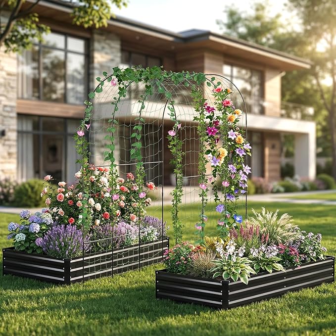 DTIG Galvanized Raised Garden Bed with Trellis, 6×3×1 FT 2 Pack Outdoor Garden Bed, Upgraded 4×3 Support, Black