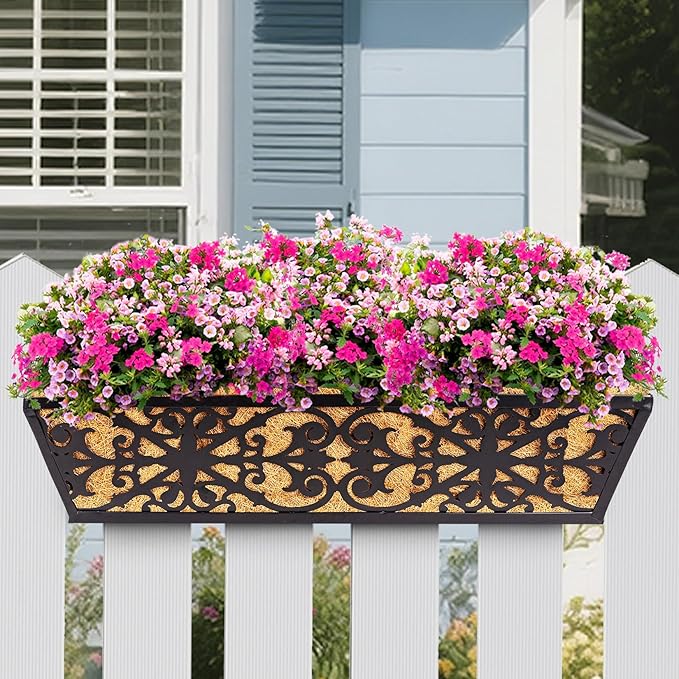 4 Pack 24 Inch Window Boxes Planters Railing Planter Box with Adjustable Brackets & Coco Liners Fabric Plant Grow Bags Deck Railing Planter Boxes Balcony Hanging Flower Box for Outdoor Plants