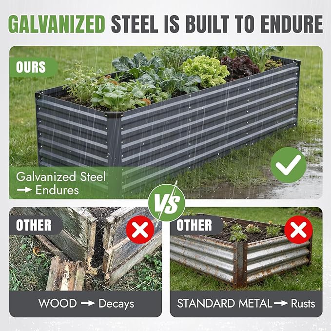 INNO STAGE 8x3x2ft Galvanized Raised Garden Bed, Raised Garden Bed Kit-Metal Planter Box Outdoor, Planting for Vegetables, Fruits, Herbs, Flowers, Grey