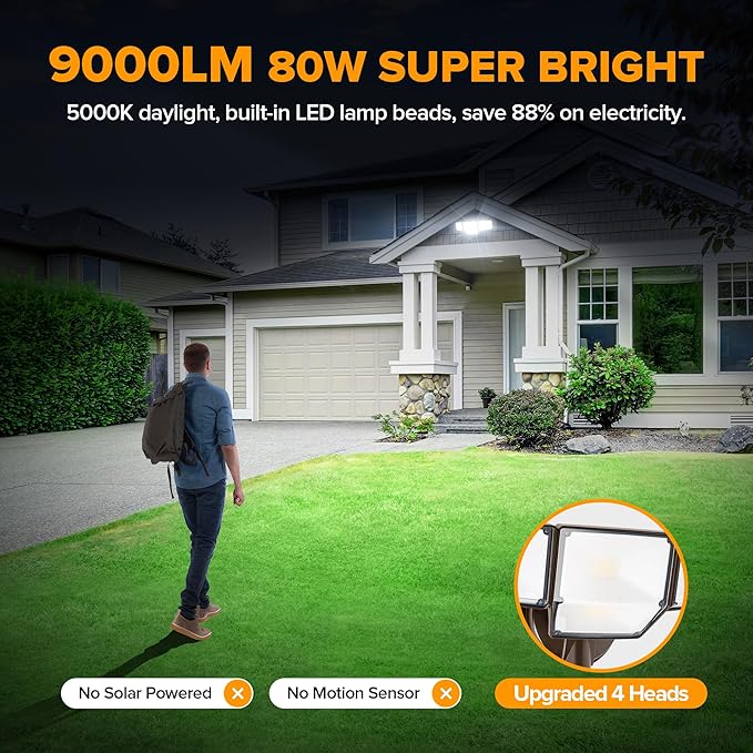 LUTEC 80W Dusk to Dawn Flood Lights Outdoor, 9000LM Super Bright LED Security Light with Photocell, IP65 Waterproof, 5000K Daylight, Hardwired 4 Heads Floodlight for Garage, Yard, Patio (Brown)