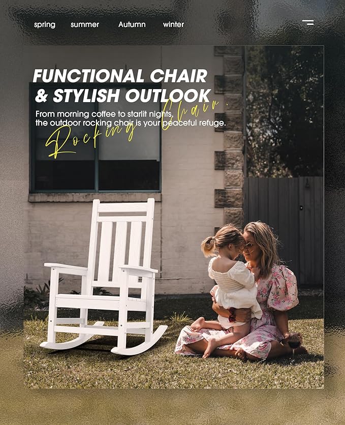 KINGYES Oversized Outdoor Rocking Chair Set of 2, All-Weather Patio Rocking Chairs for Porch, HDPE Outdoor Patio Rockers with High Back & Wide Seat for Garden, Lawn, White