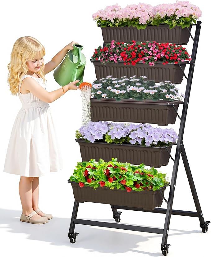 VECELO 5-Tier Vertical Garden Bed, Freestanding Elevated Raised Garden Planter with 5 Garden Planter Boxes, Lockable Caster Wheels, Drainage System, for Plants, Vegetables, Flowers, Herbs