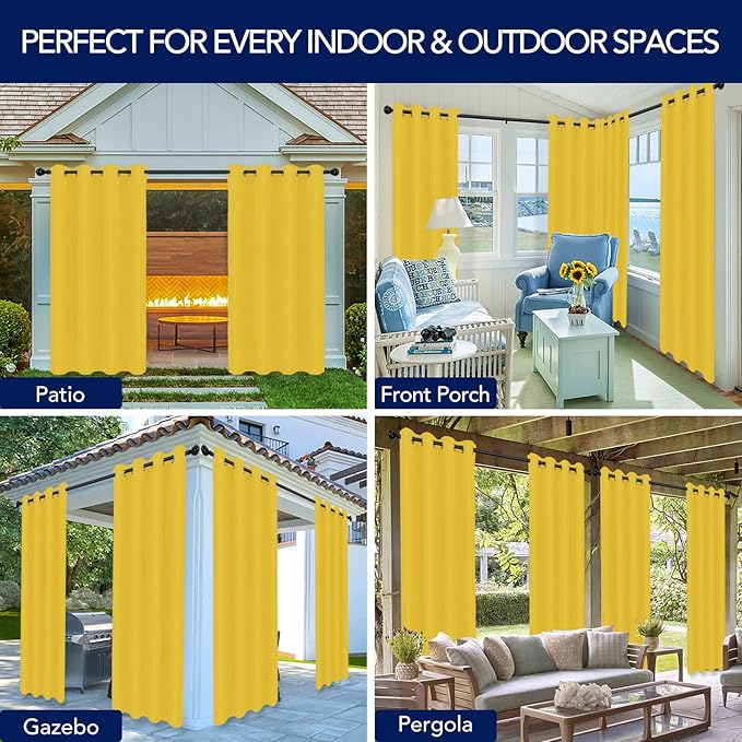 PureFit Outdoor Curtains for Patio Waterproof Weatherproof, UV Resistant Outside Curtains for Gazebo, Front Porch, Pergola, Sun Blocking Privacy Curtain, 52W x 108L inch, 1 Panel, Yellow