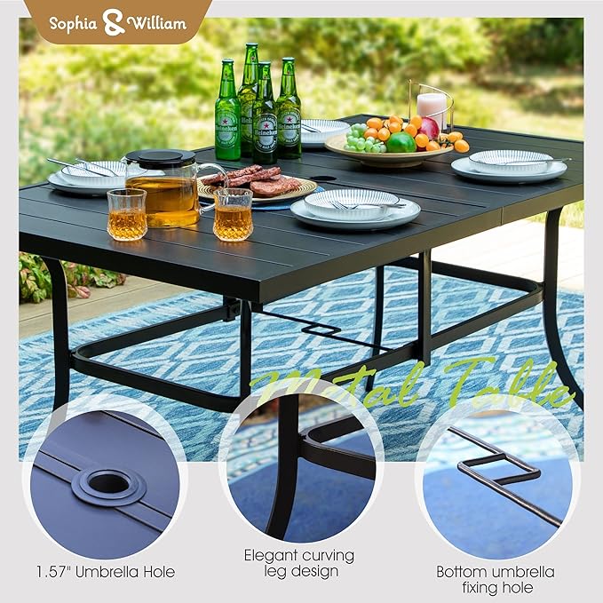 Sophia & William 7 Pieces Patio Dining Set Outdoor Metal Furniture Set, 6 x Swivel Dining Chairs Textilene Padded, 1 Metal Umbrella Table 6 Person for Lawn Garden