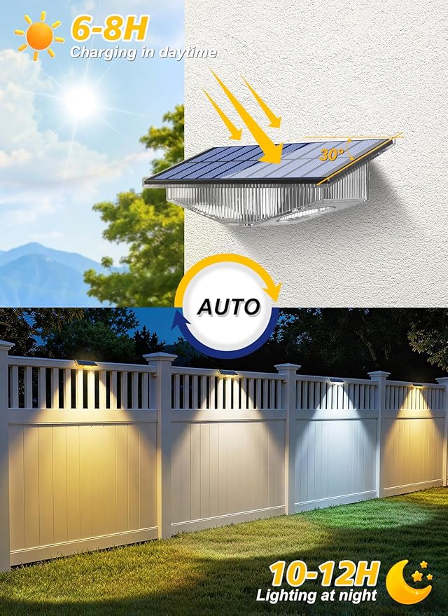 Solar Fence Lights Outdoor - 3000K/4000K/6000K 3 Color Modes, IP65 Waterproof Fence Lights Solar Powered Outdoor, Solar Powered Wall Light for Outside Porch Step Wall Stair Patio Yard (12 Pack)