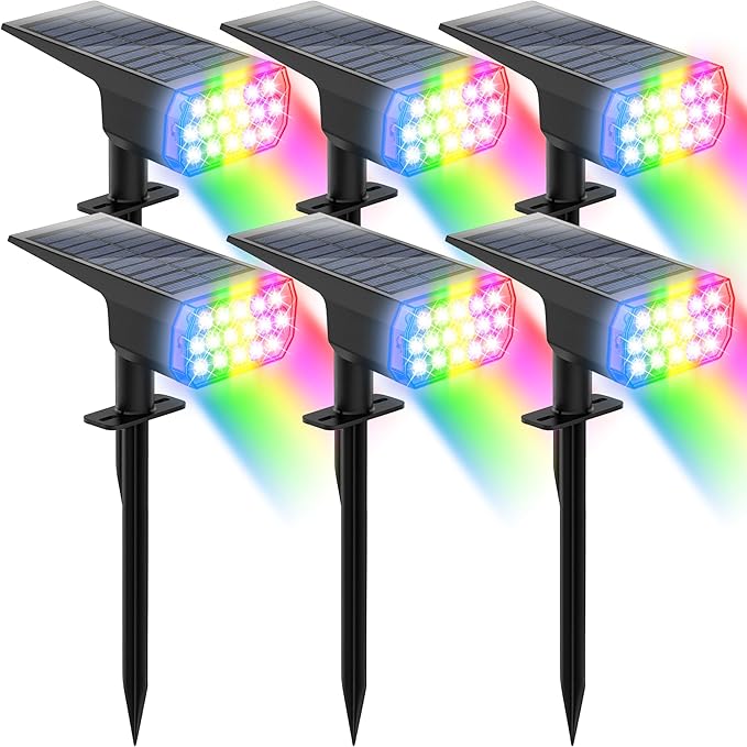 Solar Lights Outdoor Waterproof, LED Solar Spot Lights Outdoor, 7 Color Changing Solar Spotlights, Multicolor RGB Dusk-to-Dawn Uplights for Garden Landscape, Yard, IP65, Auto On/Off