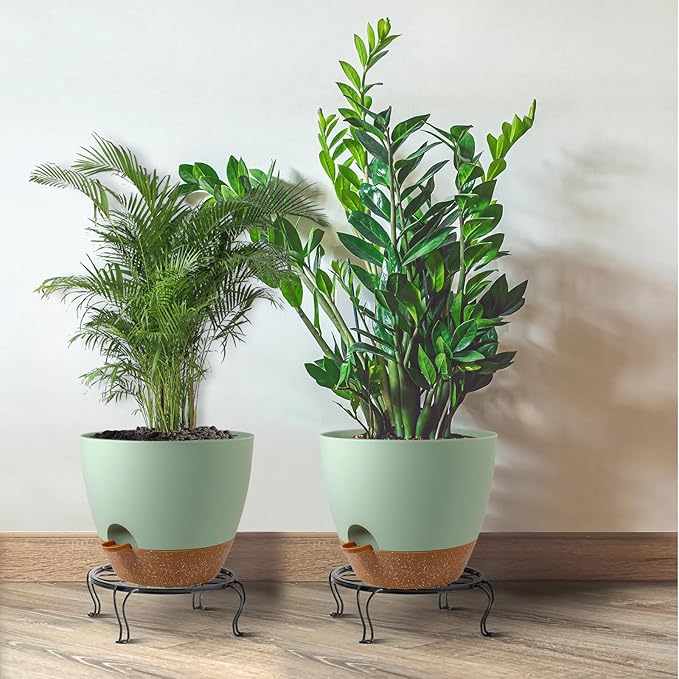 12inch 2Pack Large Self Watering Planters, Plastic Plant Pots with 60oZ Removable Deep Reservoir and Multi Mesh Drainage Holes for Indoor Outdoor Garden Plants and Flowers, Green with Brown