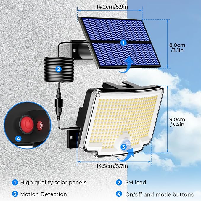 Peasur 6 Pack Solar Motion Lights Outdoor, 318 LED Solar Security Light with 3 Modes, IP65 Waterproof Powered Flood Lights for Outside Garden Patio Garage Yard Backyard