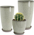 24/21/12 Inch Large Plastic Planter, Lightweight Ceramic-Look Tall Planters with Drain Hole & Saucers, Tall Plastic Planters for Porch, Garden, Patio, Balcony(Glaze Beige)