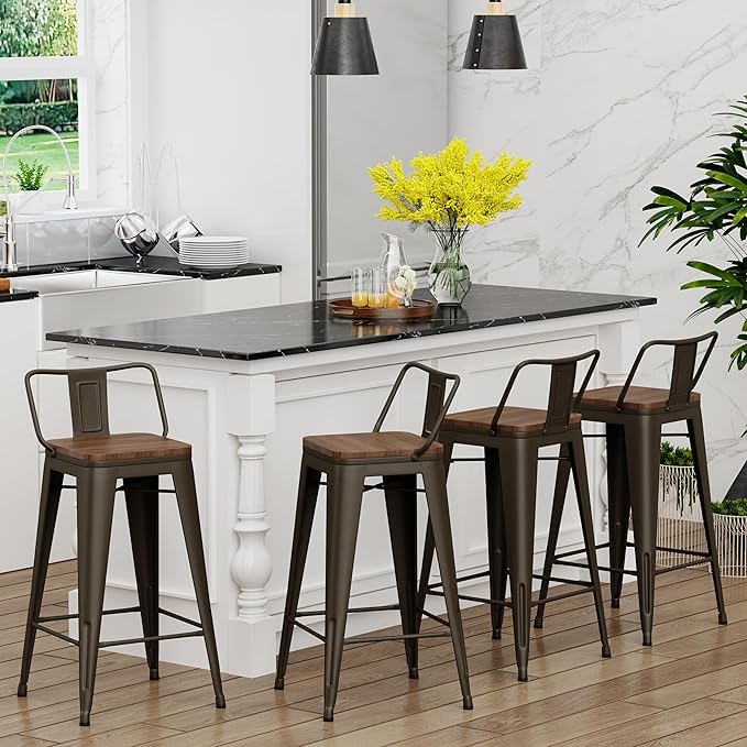 Yongchuang 24 inch Bar Stools Set of 4 Metal Counter Height Bar Stools with Wood Seat Kitchen Low Back Barstools Gunmetal