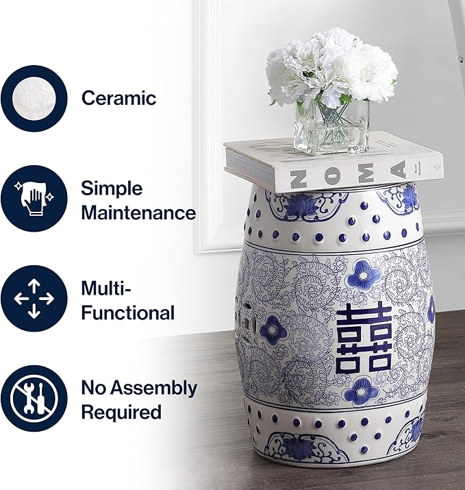 JONATHAN Y TBL1013A Double Happiness 18" Chinoiserie Ceramic Drum Indoor/Outdoor Garden Stool Bohemian, Coastal, Classic, Cottage, French Country, Traditional, Bathroom, Garden Room, Patio, Blue/White