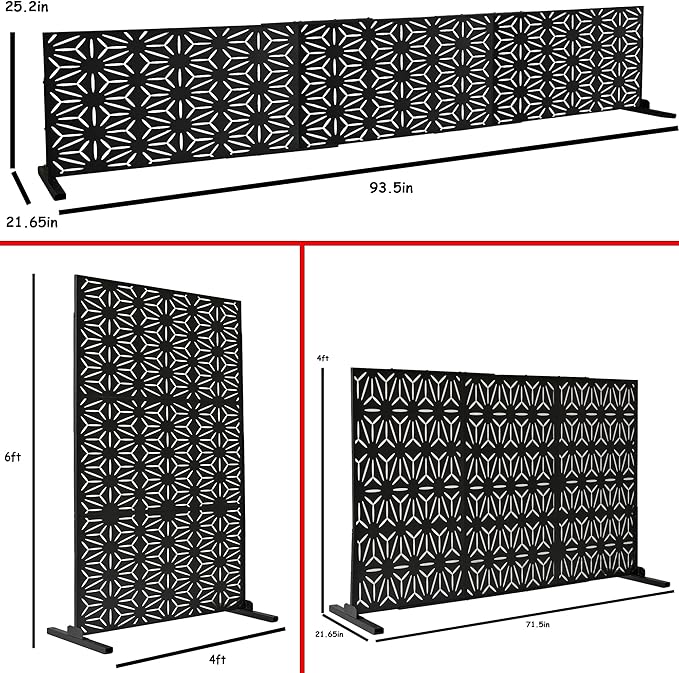 Oakland Living 6 ft. X 4 ft. Black Freestanding Metal Privacy Screen Room Divider