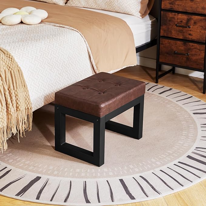 IBUYKE 16 Inch Small Foot Stool Ottoman, Rectangle PU Faux Leather Foot Rest with Padded Seat and Metal Legs, Modern Ottoman Foot Rest for Living Room Bedroom Entryway Couch, Dark Brown WBD026Z